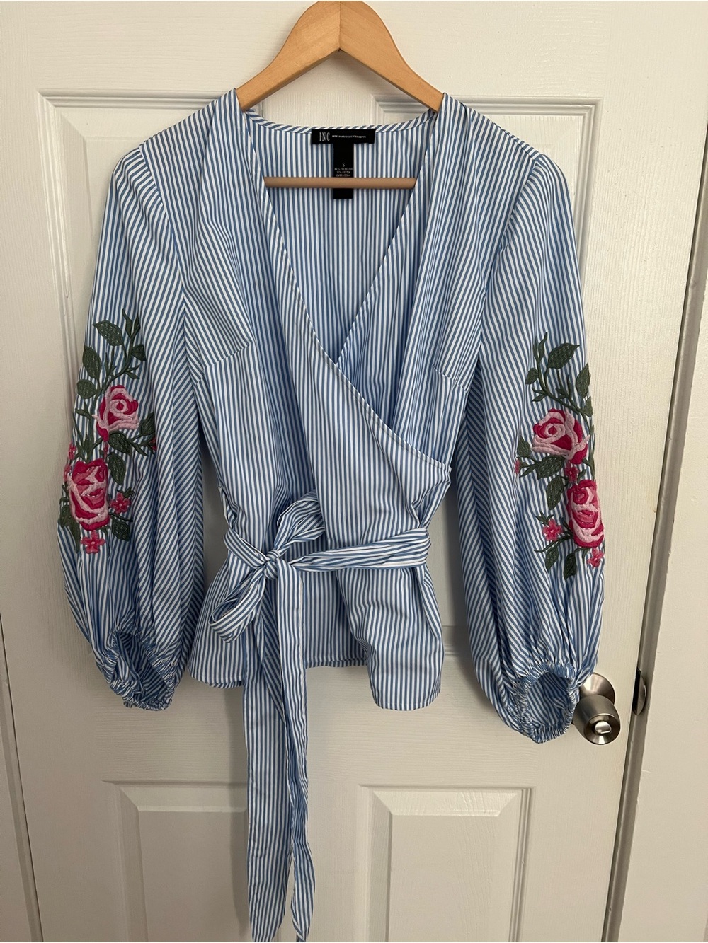 Striped Wrap Blouse with Pink Rose Embroidery